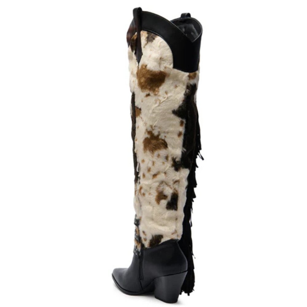 AZALEA WANG Gwayne Cow Print Knee High Fringed Western Boot Buckles 7-11 NWT - Picture 4 of 15